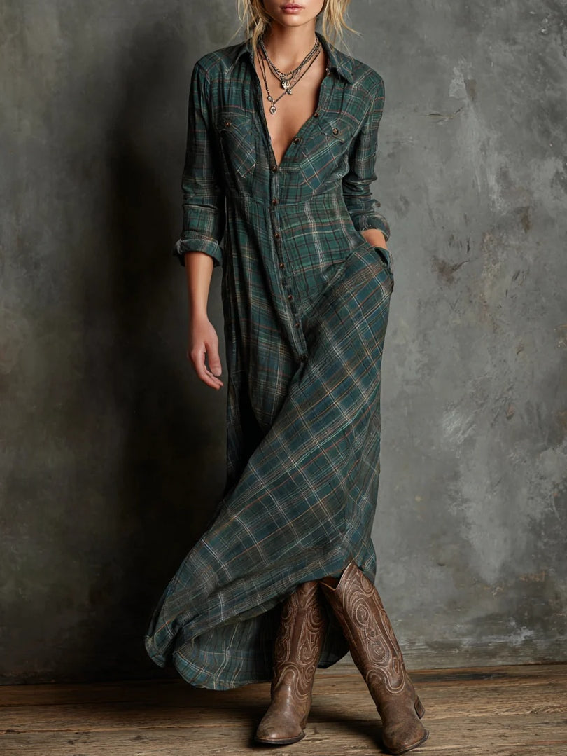 Jaelyn | Maxi Dress with Green Checked Lapels