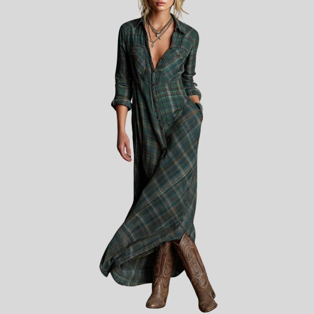 Jaelyn | Maxi Dress with Green Checked Lapels